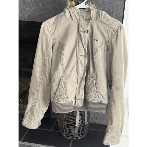 VTG HOLLISTER GRAIL Y2K Olive Bomber Flannel Lined Detachable Fur Trim Hoodie - Picture 2 of 16